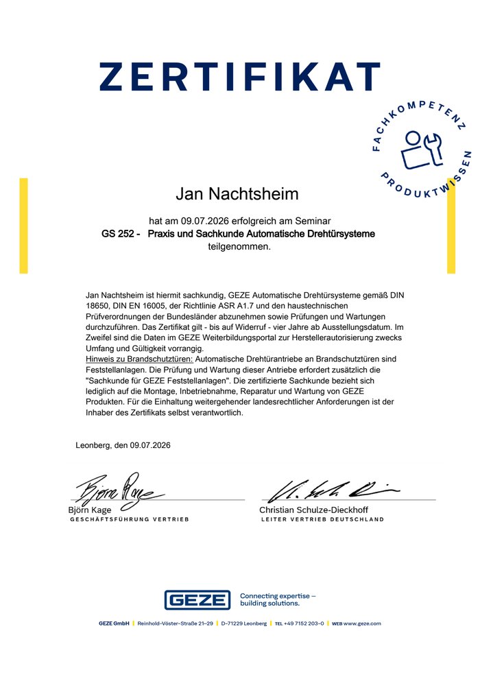 Zertifikat GEZE Automatische Drehtürsysteme für Jan Nachtsheim