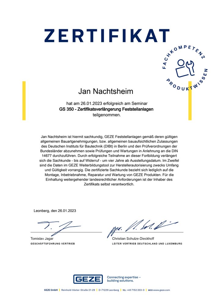 Zertifikat GEZE Feststellanlagen für Jan Nachtsheim